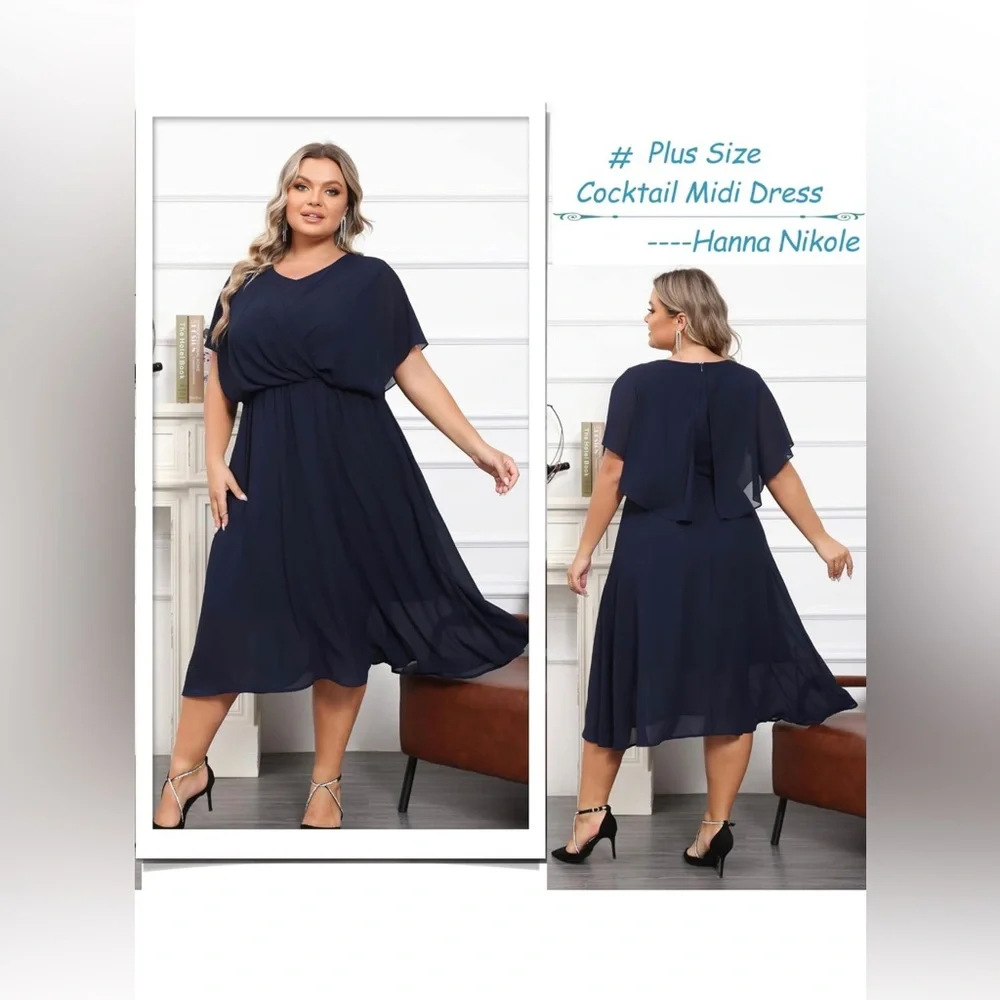 Plus Size Navy V-Neck Chiffon Midi Dress - Picture 2 of 8